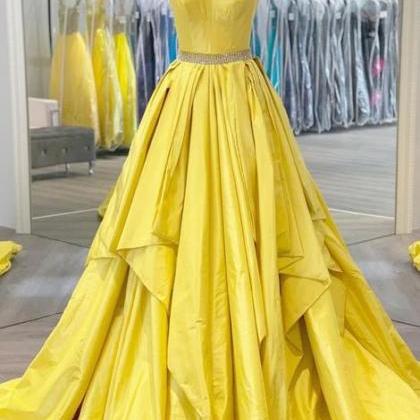 Simple Yellow Satin Long Prom Dress Formal Dress..