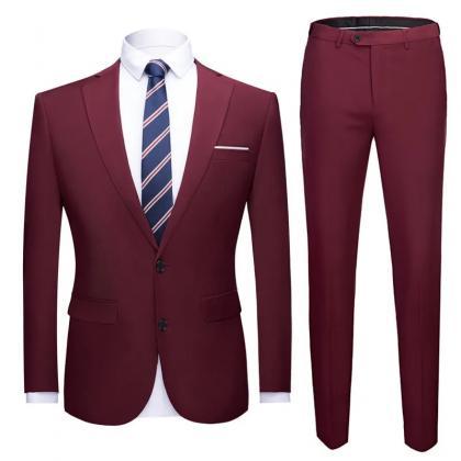 Wine Red Jacket + Pants 2 Pieces Set Fashion..