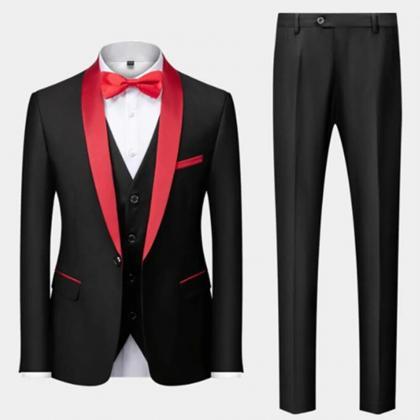 Block Collar Suits Jacket Trousers Waistcoat Male..