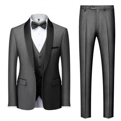 Block Collar Suits Jacket Trousers Waistcoat Male..