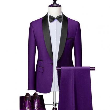 Men Lapel Black Collar 2 Pcs Suit Set Coat..