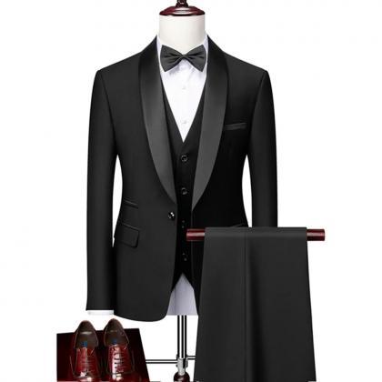 Men Lapel Black Collar 3 Pcs Suit Set Coat Vest..