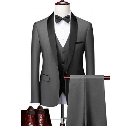 Men Lapel Black Collar 3 Pcs Suit Set Coat Vest..