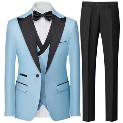 Men Slim Suit 3 Piece Set Jacket Vest Pants / Male..