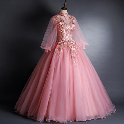 Pink Long Sleeve Ball Gown Prom Dress Formal Dress..