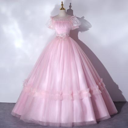 Pink Short Sleeve Ball Gown Women Prom Dress..