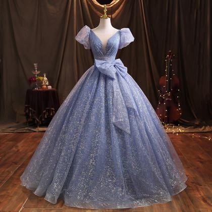 Blue Short Sleeve With Bowknot Prom Dress Full..