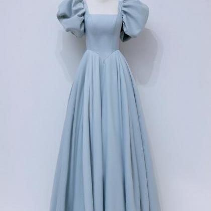 A-line Square Neckline Puff Sleeves Long Blue Prom..