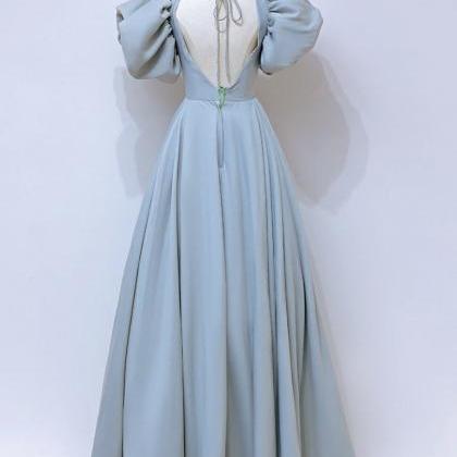 A-line Square Neckline Puff Sleeves Long Blue Prom..