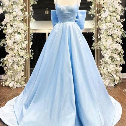 Simple A-line Satin Blue Long Prom Dress Formal..