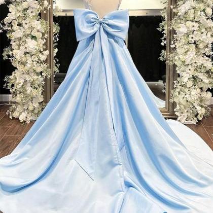 Simple A-line Satin Blue Long Prom Dress Formal..