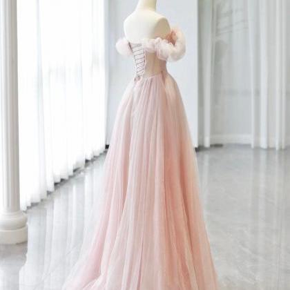 Off Shoulder Tulle Beads Pink Long Prom Dress..