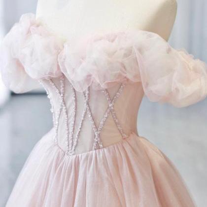Off Shoulder Tulle Beads Pink Long Prom Dress..