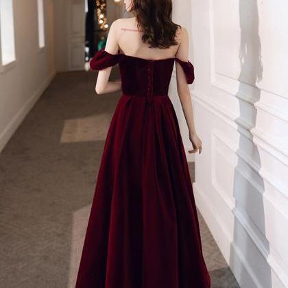 Off Shoulder Velvet Tea Length Burgundy Prom Dress..