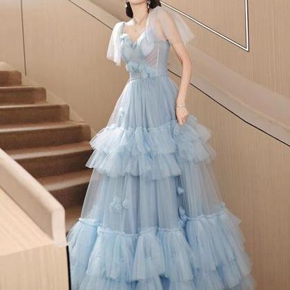 Sweetheart Neck Tulle Blue Long Prom Dress Formal..