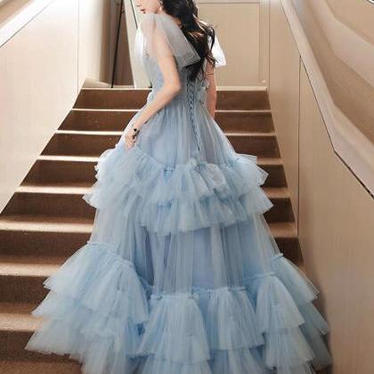 Sweetheart Neck Tulle Blue Long Prom Dress Formal..