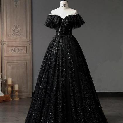 Sweetheart Neck Tulle Sequin Black Long Prom Dress..