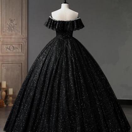 Sweetheart Neck Tulle Sequin Black Long Prom Dress..