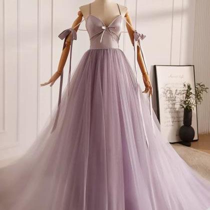 V Neck Tulle Beads Purple Long Prom Dress Long..