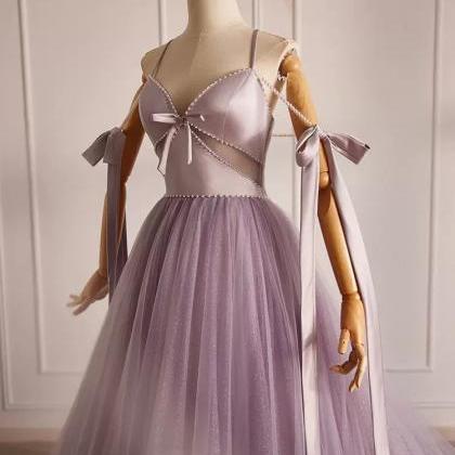 V Neck Tulle Beads Purple Long Prom Dress Long..