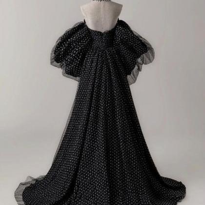Black A- Line Tulle Long Prom Dress Formal Dress..