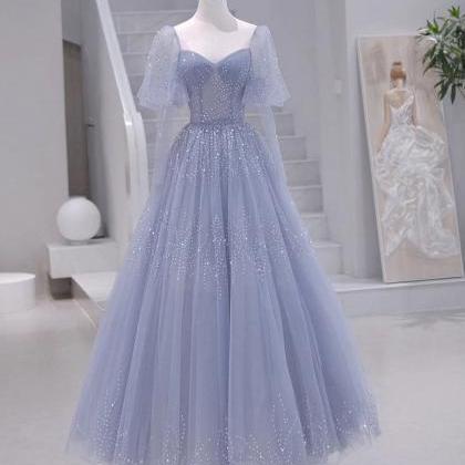 Long Sleeves Beading Gray Blue Long Prom Dress..