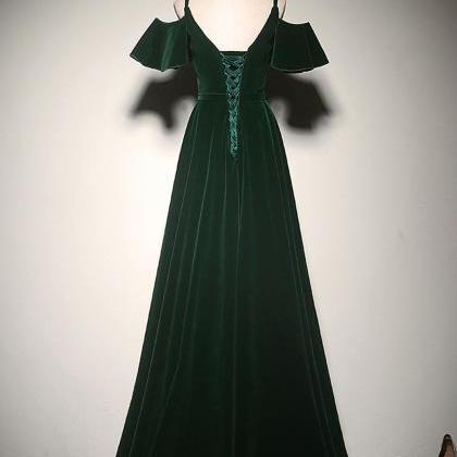 Green A-line Velvet Long Prom Dresses Formal..