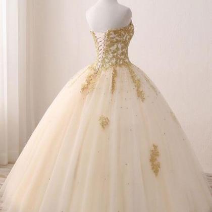 Champagne Sweetheart Neck Tulle Long Prom Gown..