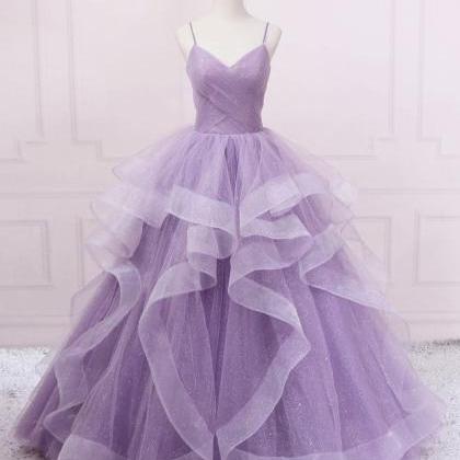 Purple V Neck Tulle Long Prom Dress Tulle Formal..