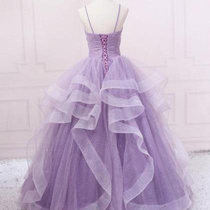 Purple V Neck Tulle Long Prom Dress Tulle Formal..