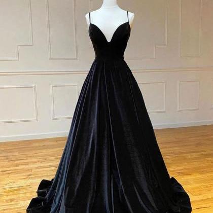 Black Velvet Long Prom Dress Backless Formal..
