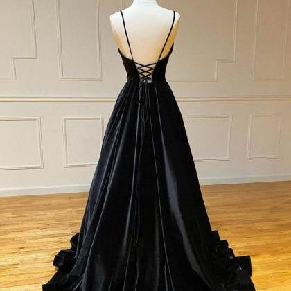 Black Velvet Long Prom Dress Backless Formal..