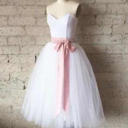 White Tulle Short Prom Dress With Pink Sash Formal..