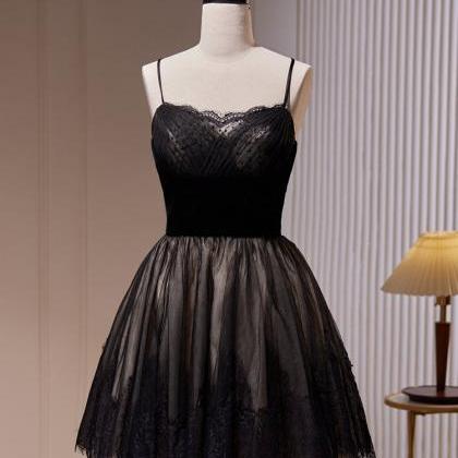 A-line Lace Tulle Black Short Prom Dress Formal..