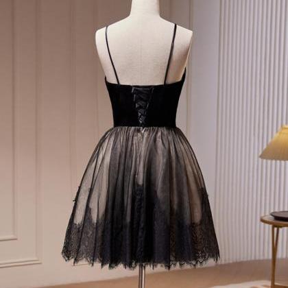 A-line Lace Tulle Black Short Prom Dress Formal..