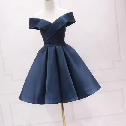 Simple Blue Off Shoulder Satin Short Prom Dress..