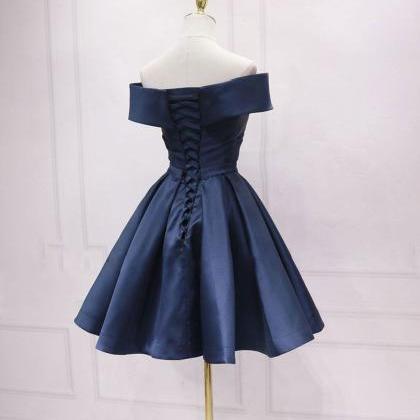 Simple Blue Off Shoulder Satin Short Prom Dress..