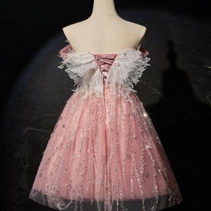 Pink A-line Tulle Lace Short Prom Dress,formal..