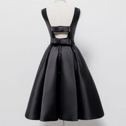 Simple A-line Satin Black Short Prom Dress,formal..