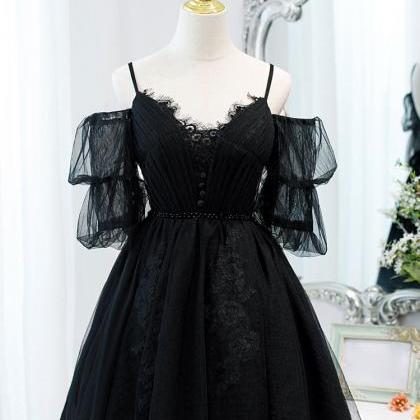 Black A-line Tulle Lace Short Prom Dress,formal..