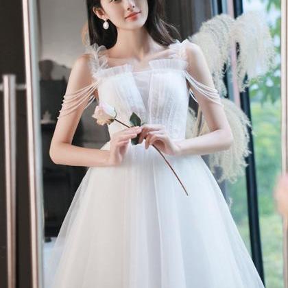 A-line Tulle Beads White Short Prom Dress, Formal..
