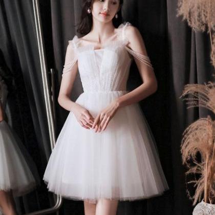 A-line Tulle Beads White Short Prom Dress, Formal..