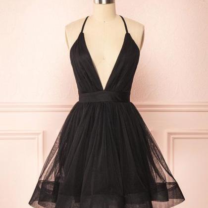 Simple V Neck Black Short Prom Dress Black Formal..
