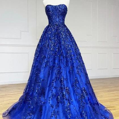 A-line Sweetheart Neck Tulle Sequin Blue Long Prom..