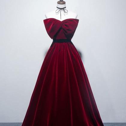 Velvet A Line Burgundy Satin Long Prom Dress..