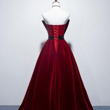 Velvet A Line Burgundy Satin Long Prom Dress..