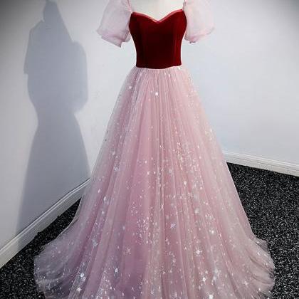 Pink A Line Tulle Long Prom Dress Formal Evening..