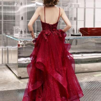 Burgundy V Neck Tulle Lace Long Prom Dress Formal..