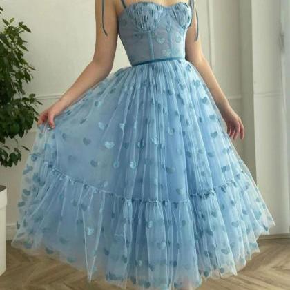 Blue Tulle Tea Length Prom Dress Formal Dress..