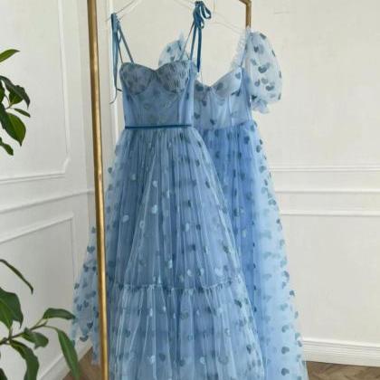 Blue Tulle Tea Length Prom Dress Formal Dress..